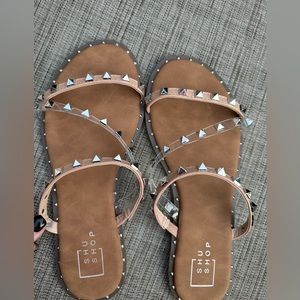 Brand New Shu Shop Stud sandals. Tan and clear with silver studs. In box